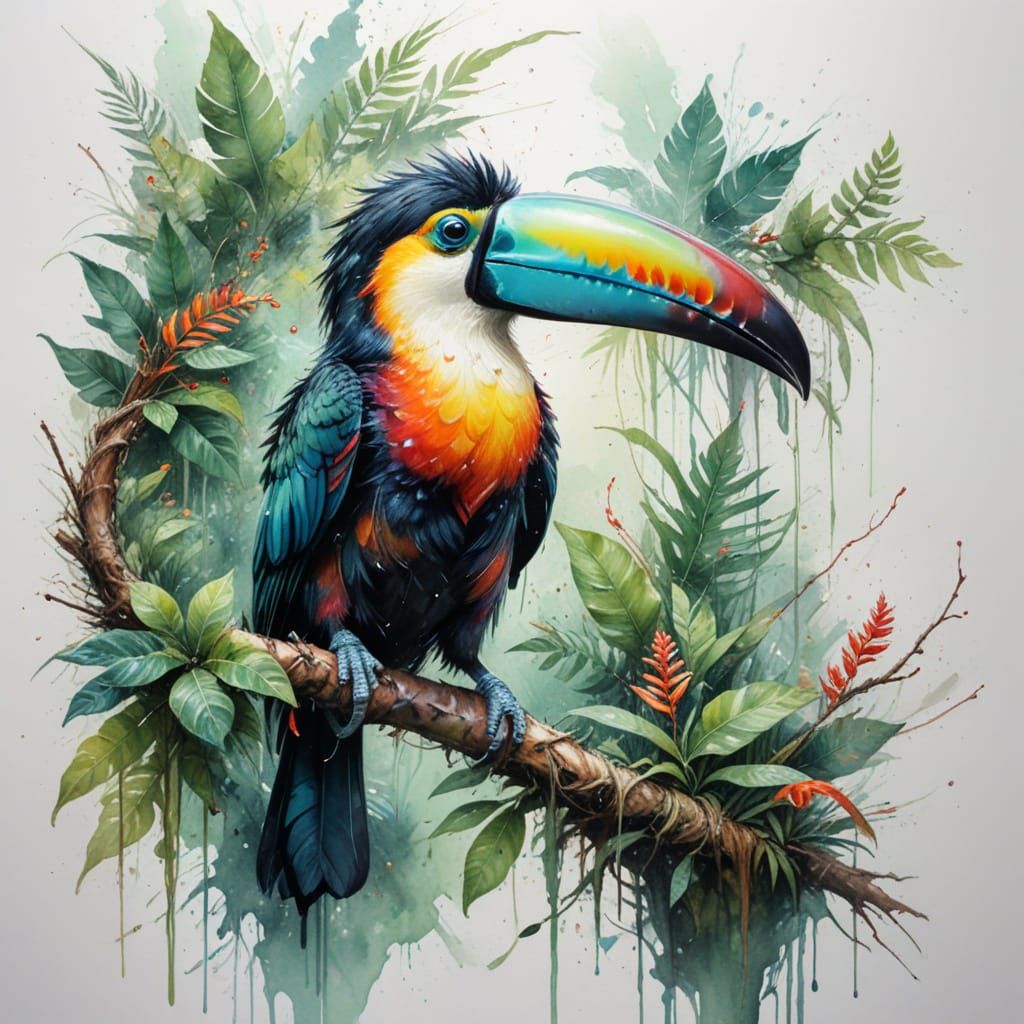 Surreal Rainforest Oasis with Waterfall and Perched Toucan i...