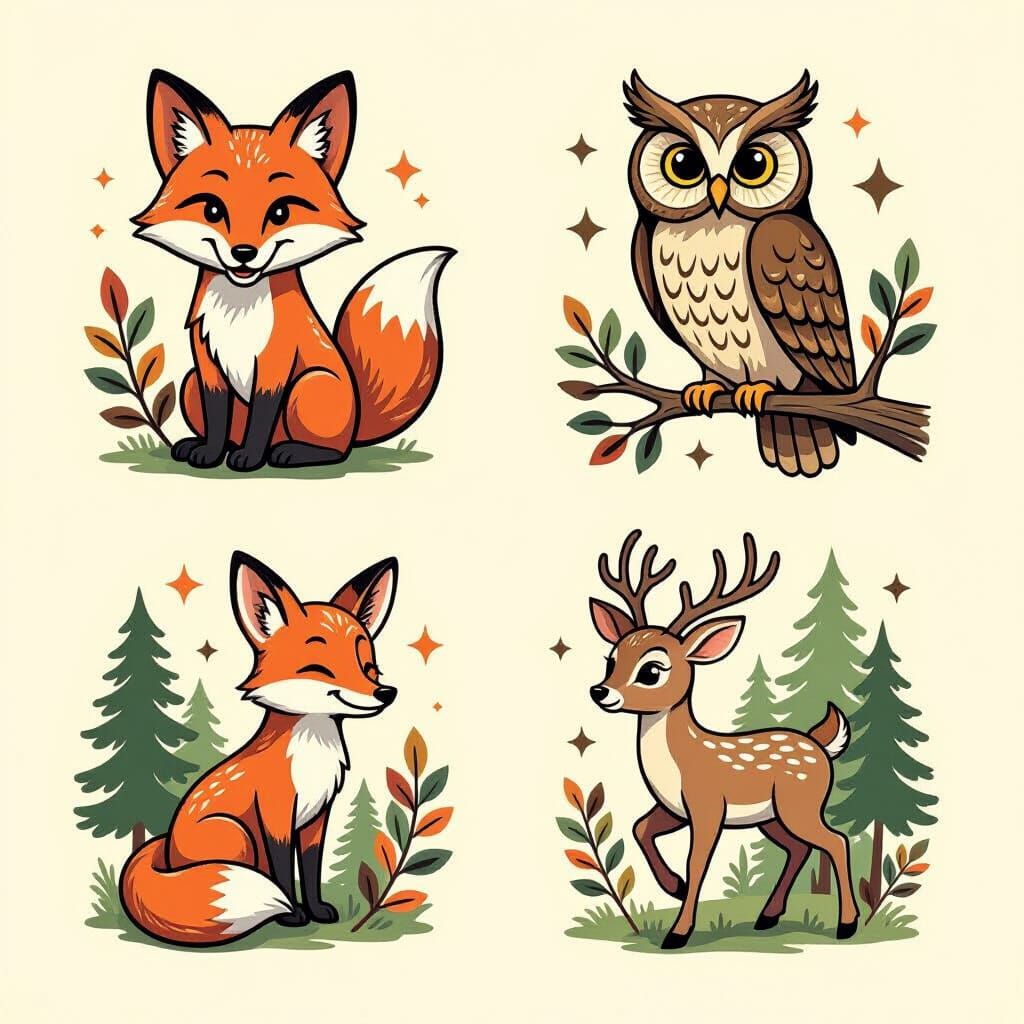 Woodland Creatures Flash Tattoo Sheet in Storybook Style