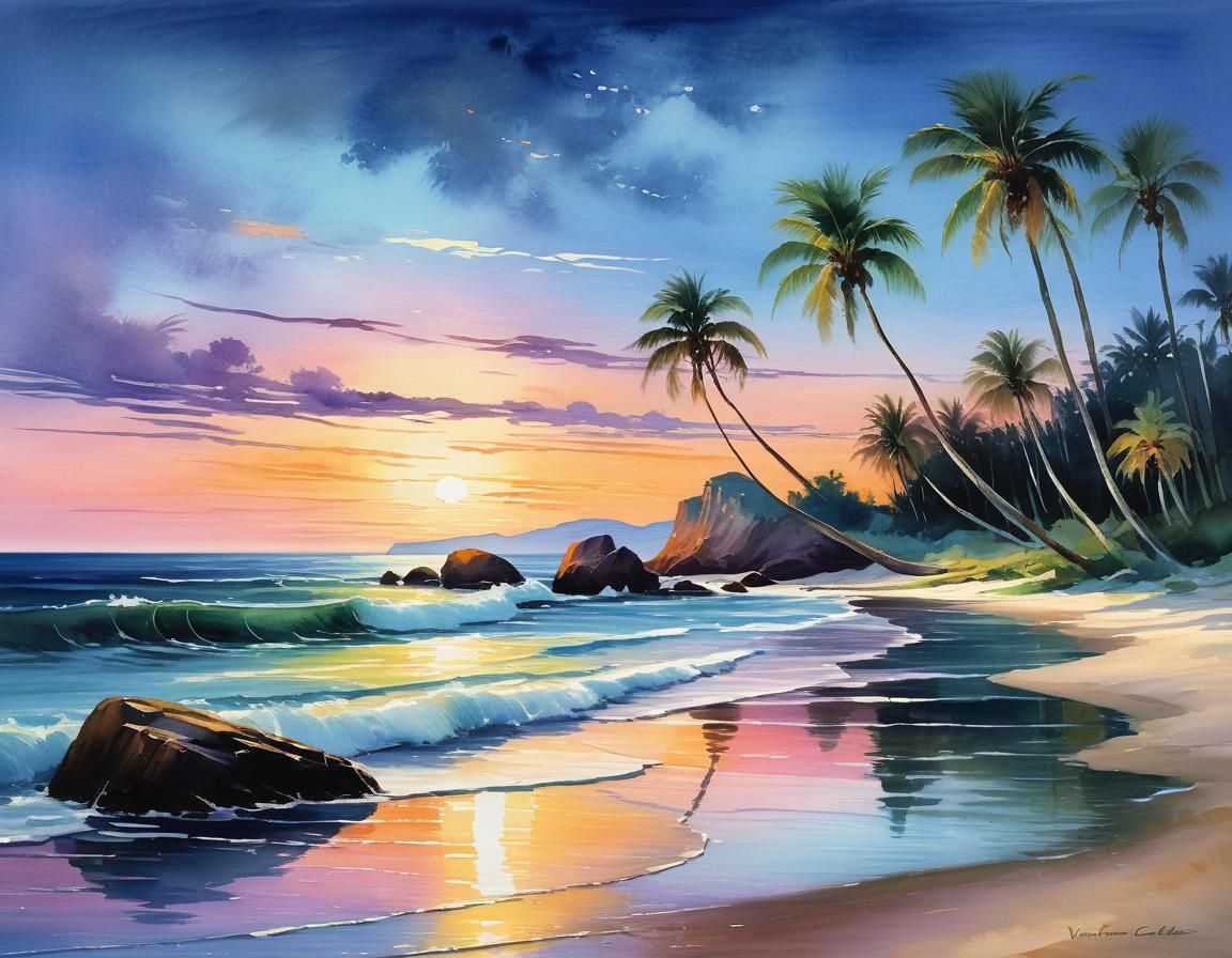 Seaside Beach Watercolor at Blue Hour in Romantic Style
