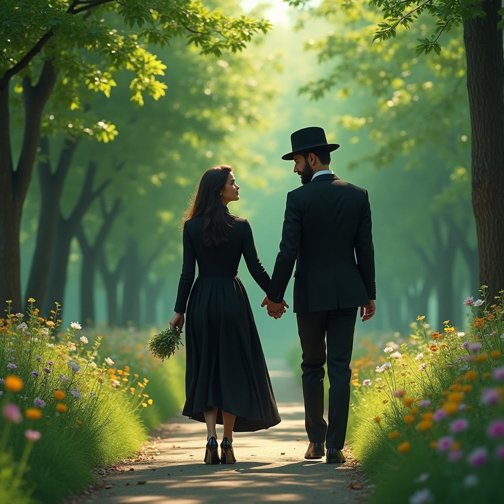 Orthodox Jewish Couple in Emerald Park, Dreamlike Art