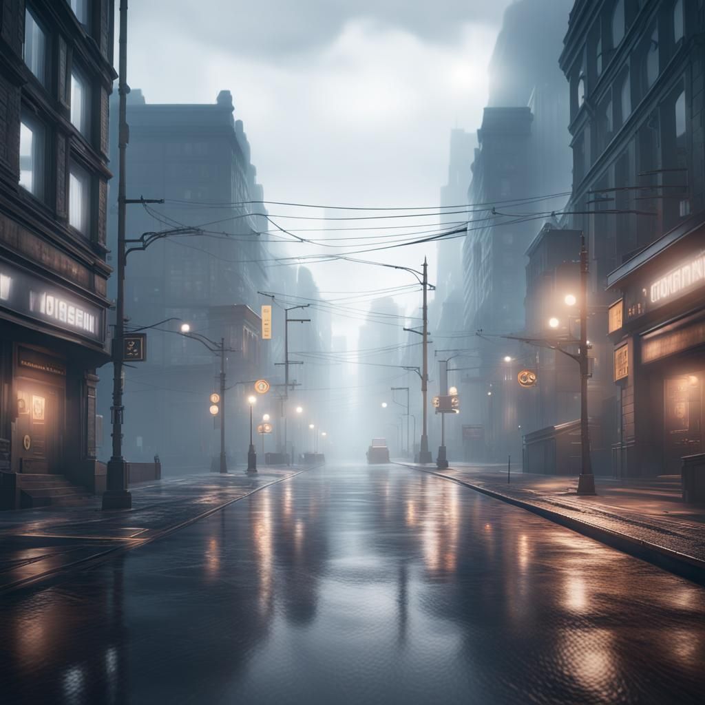 Foggy Street in 3D Game Cinematic Style