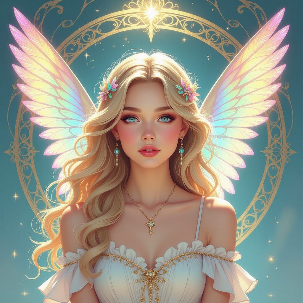 Golden Girl with Iridescent Wings: Art Nouveau Graffiti Styl...