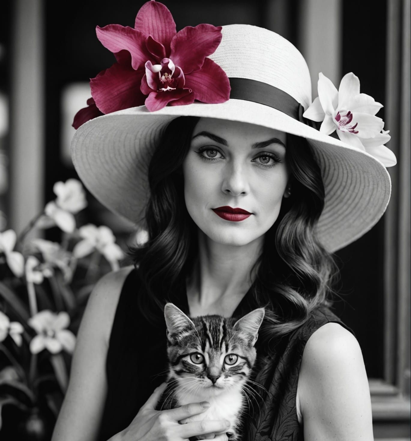 Fashionable Flapper with Kitten in Red Colorsplash