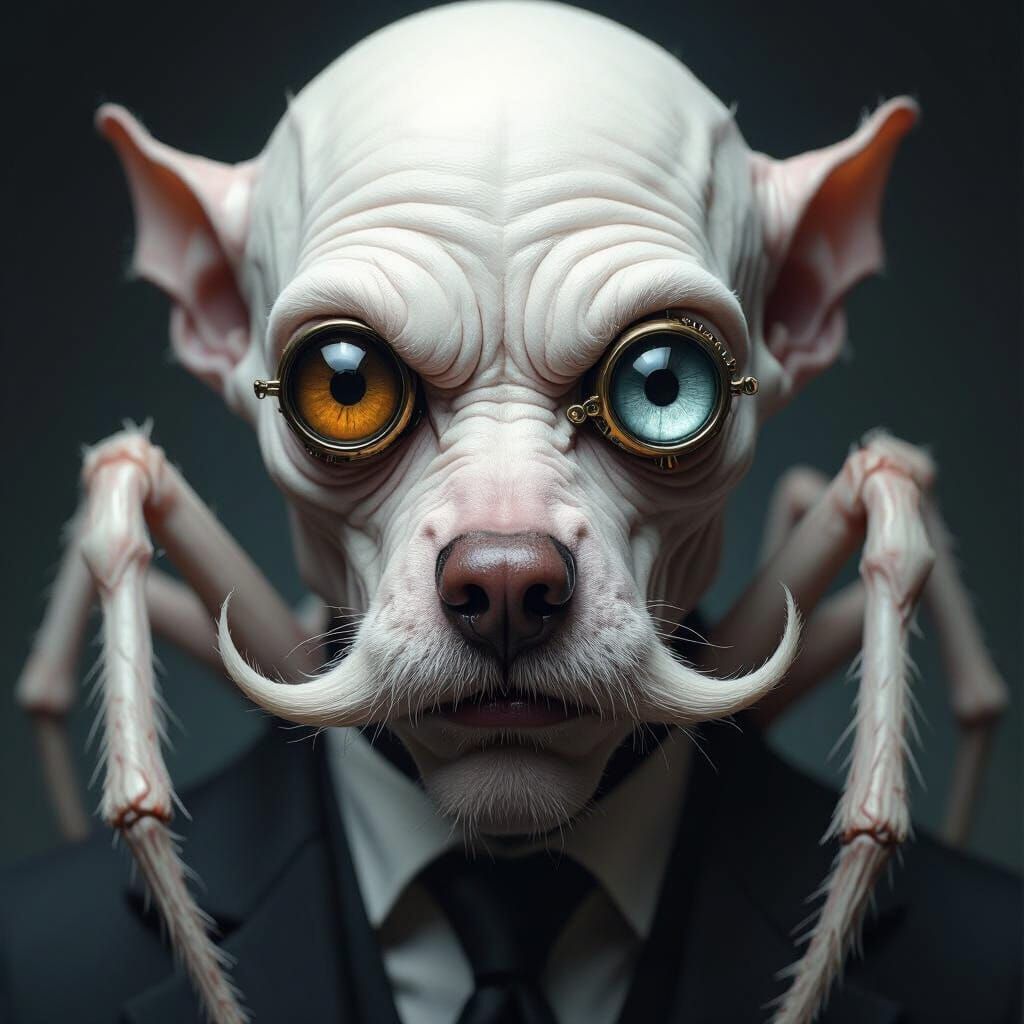 Hairless White Spider with Monocle Stares Directly