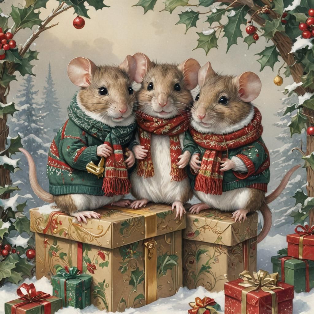 Fluffy Christmas Mice in Art Nouveau Scene