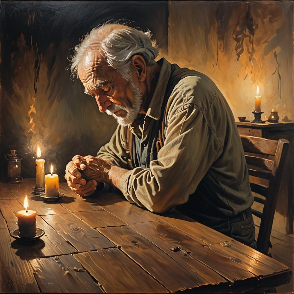 An Old Man in Contemplative Solitude, Warm Oil Painting