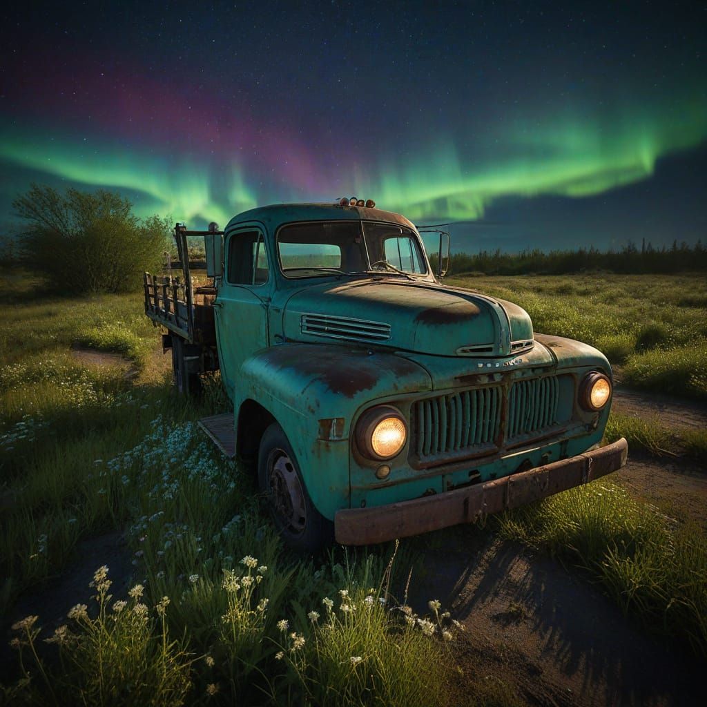 Derelict Truck in Bioluminescent Field Under Aurora