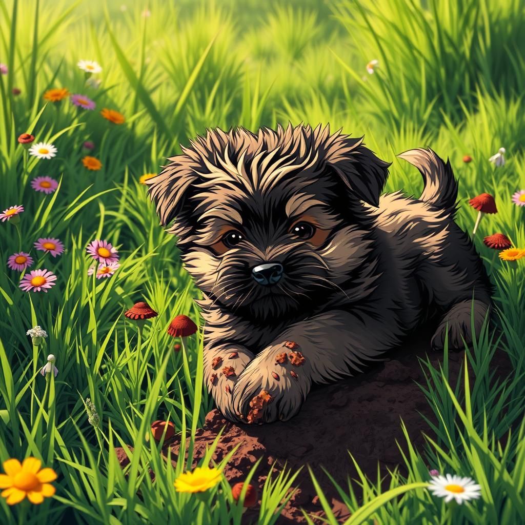 Muddy Westie Puppy Rolls in Meadow: Manga Scan Style