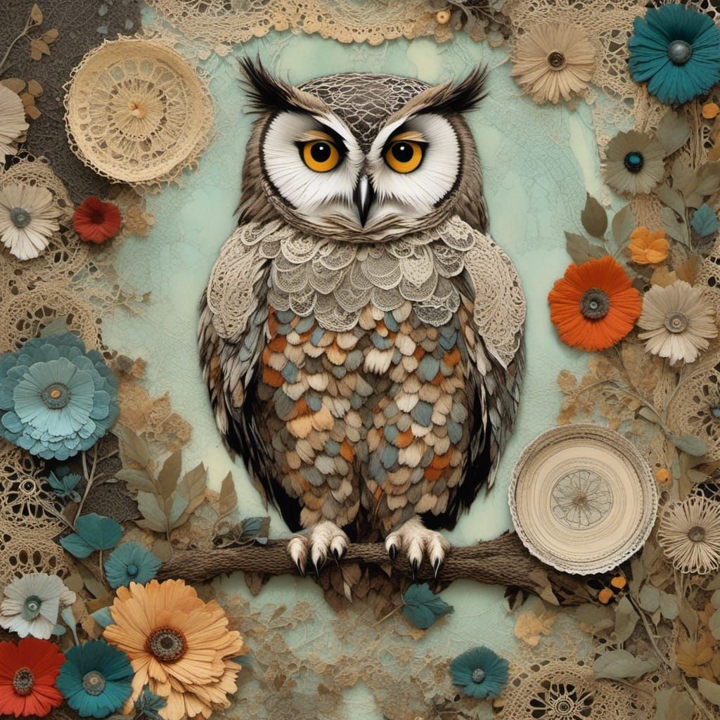 Owl Mixed Media Collage Painting with Paper and Lace