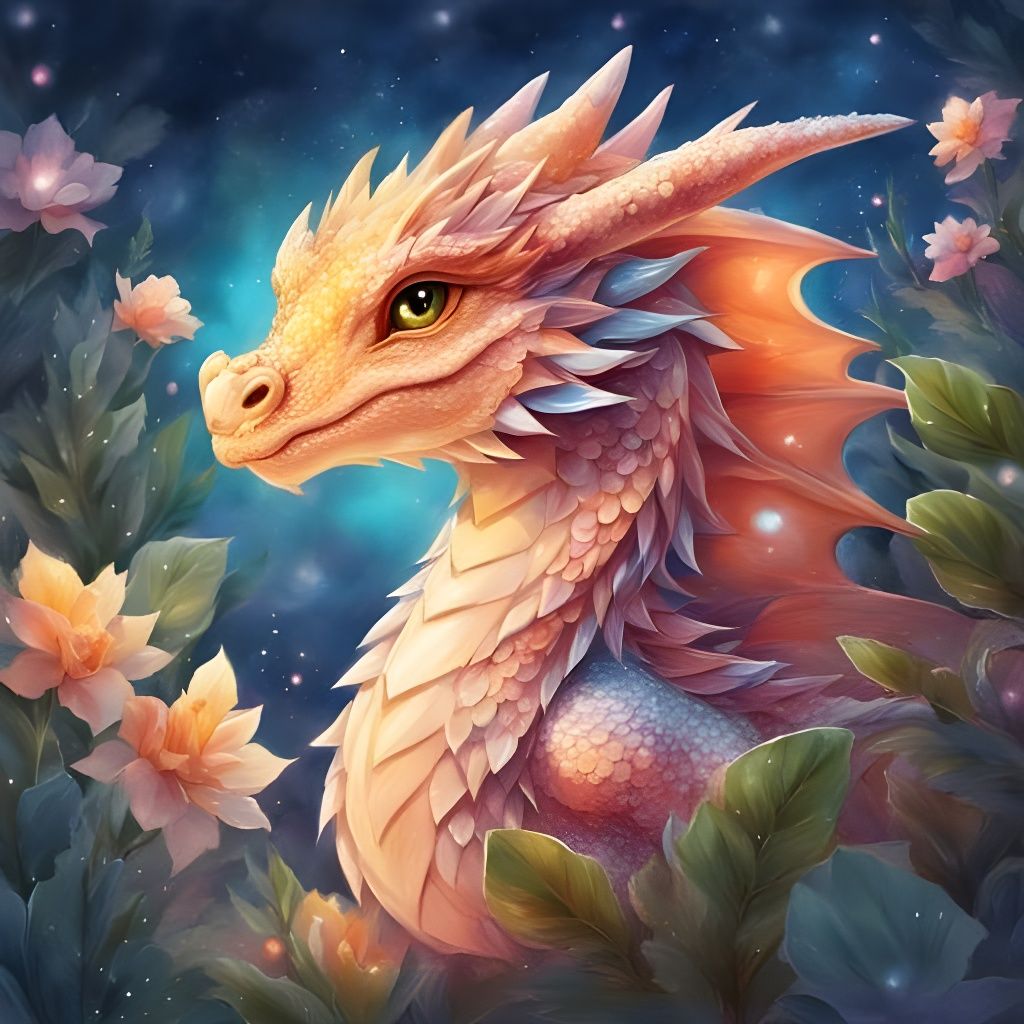Sunset Ice Dragon Portrait with Magical Plants