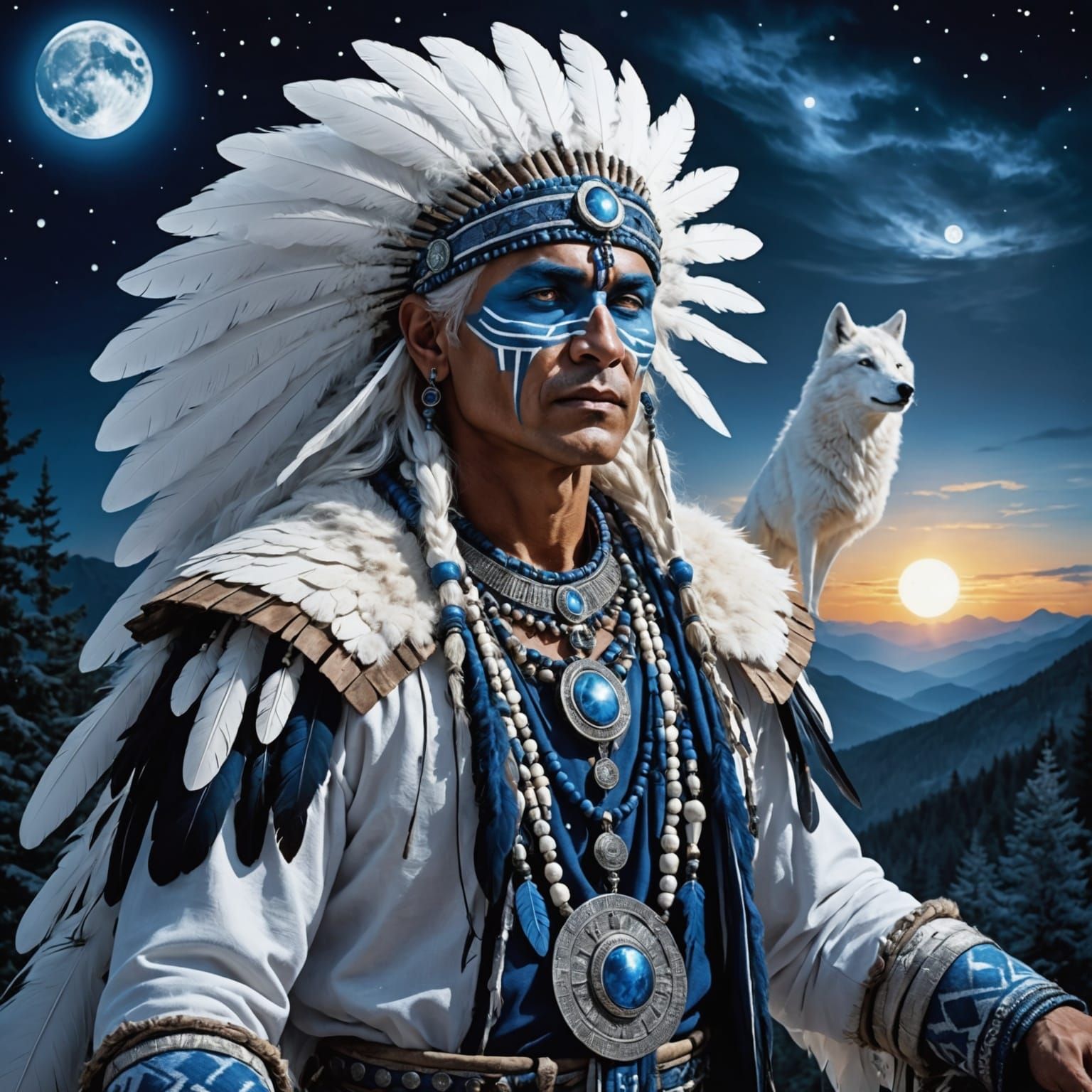 Shaman and Wolves Dancing Under Moonlight