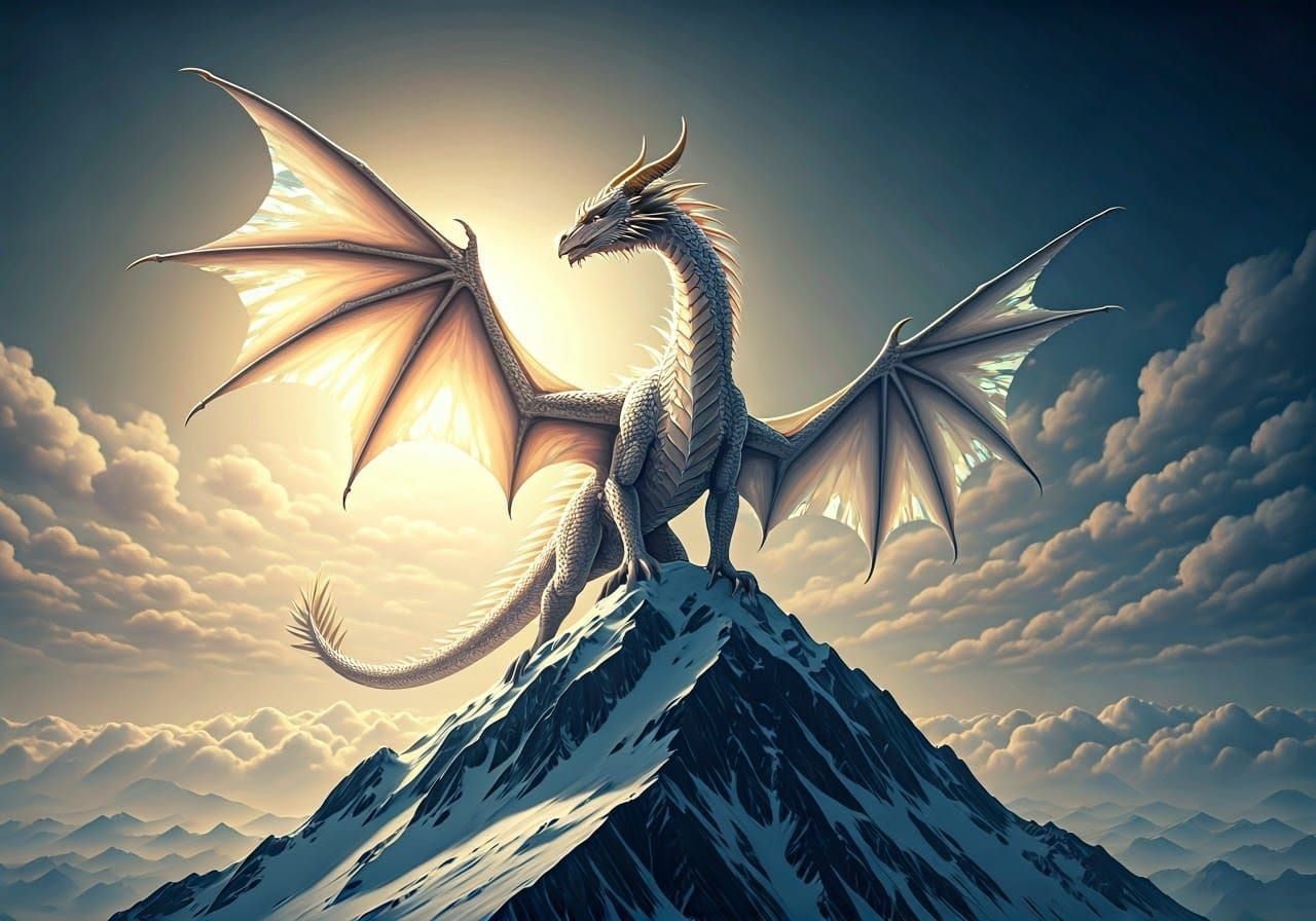 Albino Dragon on Snow Mountain in Photorealistic Style