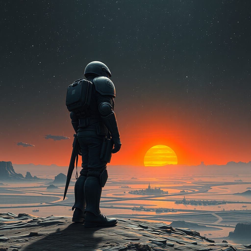 Industrial Futurist Warrior Stands at Galactic Edge