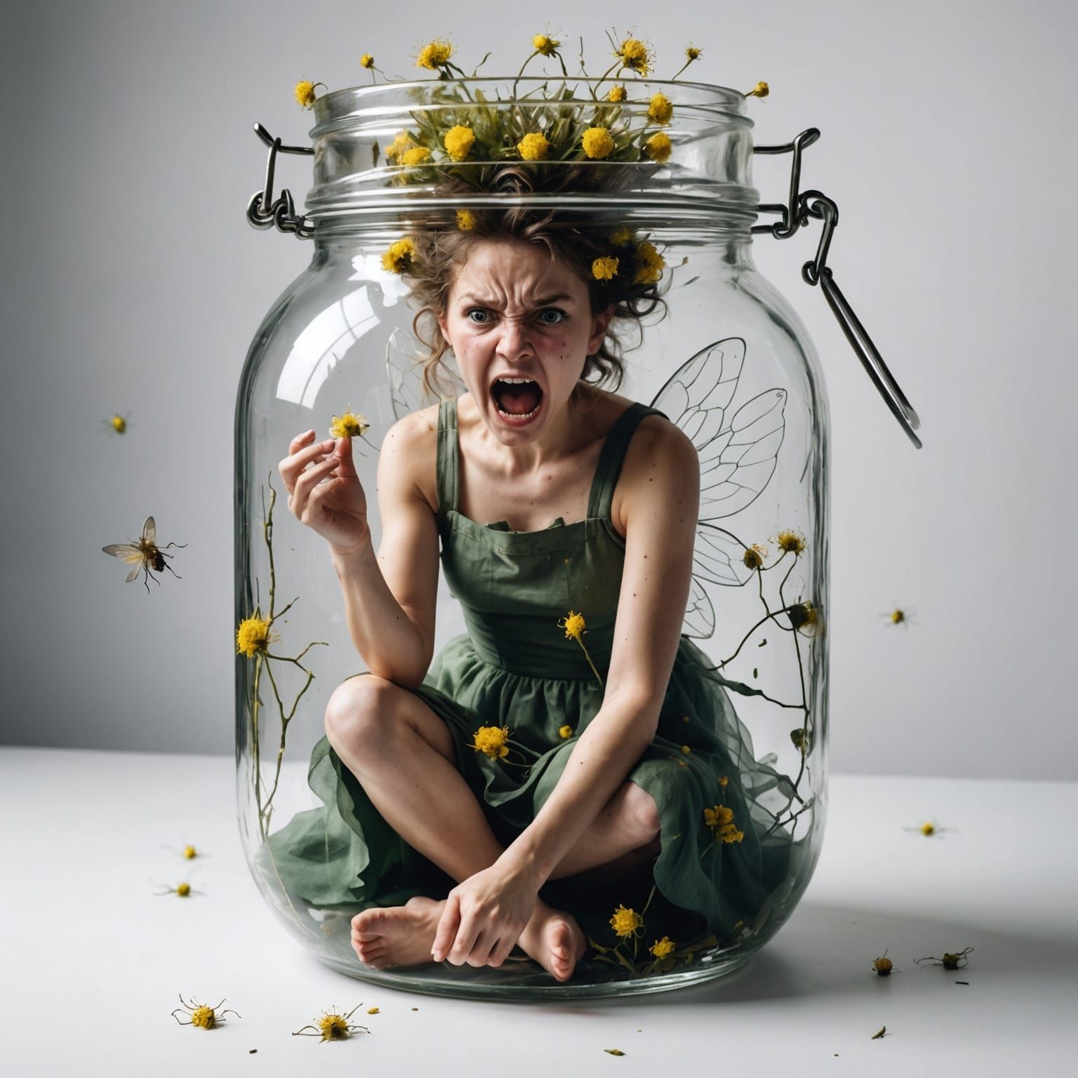 Furious Fairy Trapped in Jar: Photorealistic Image