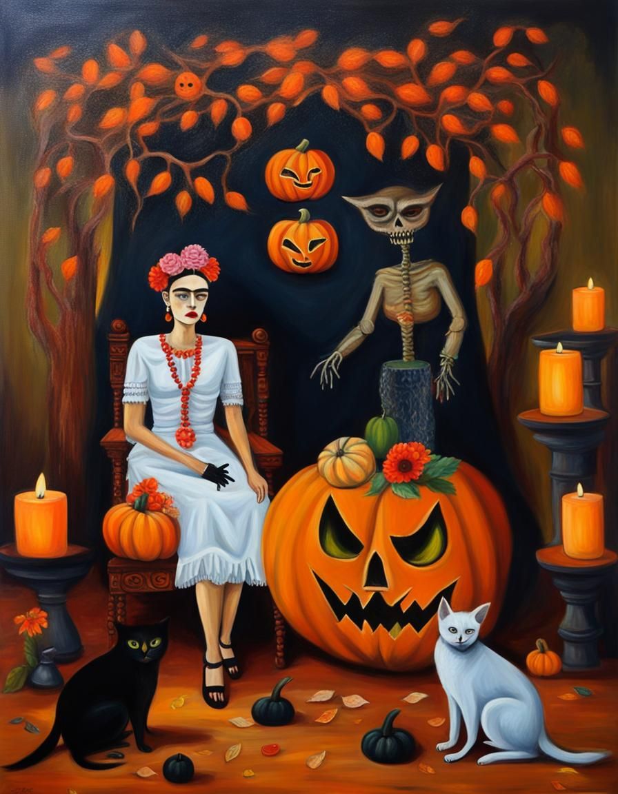 Surreal Halloween Scene in Style of Frida Kahlo