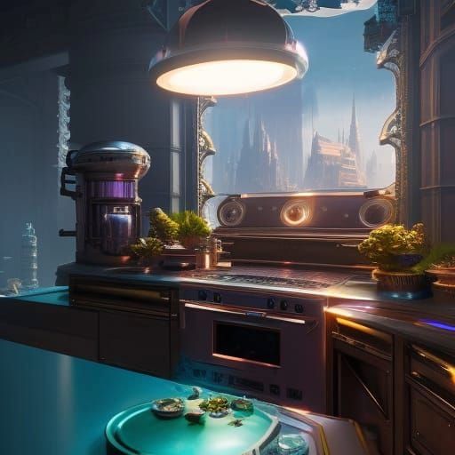 Intricate Kitchen with Purple Coffee Maker, Digital Art
