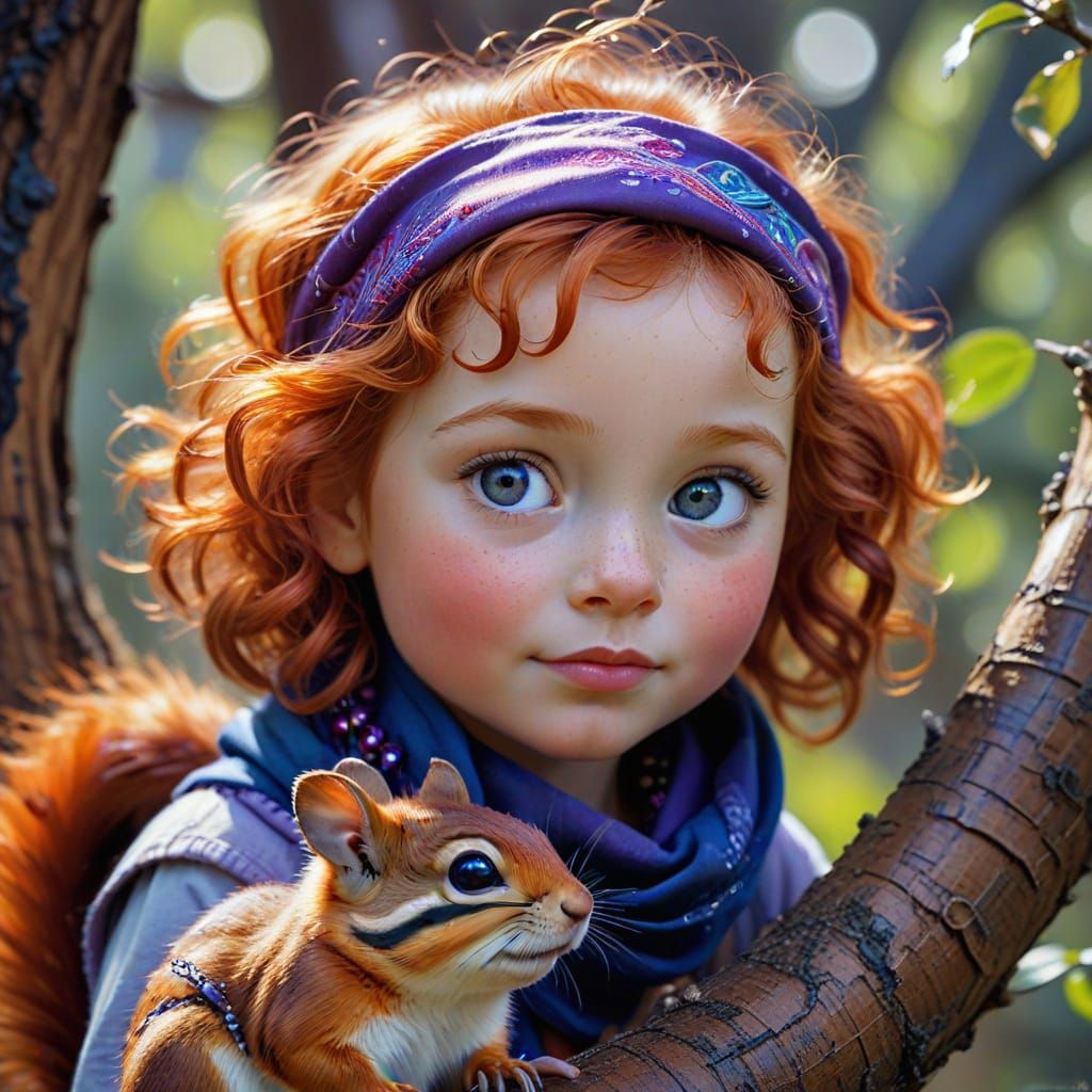 Red-Haired Girl Gazing at Chipmunk: Watercolor Portrait