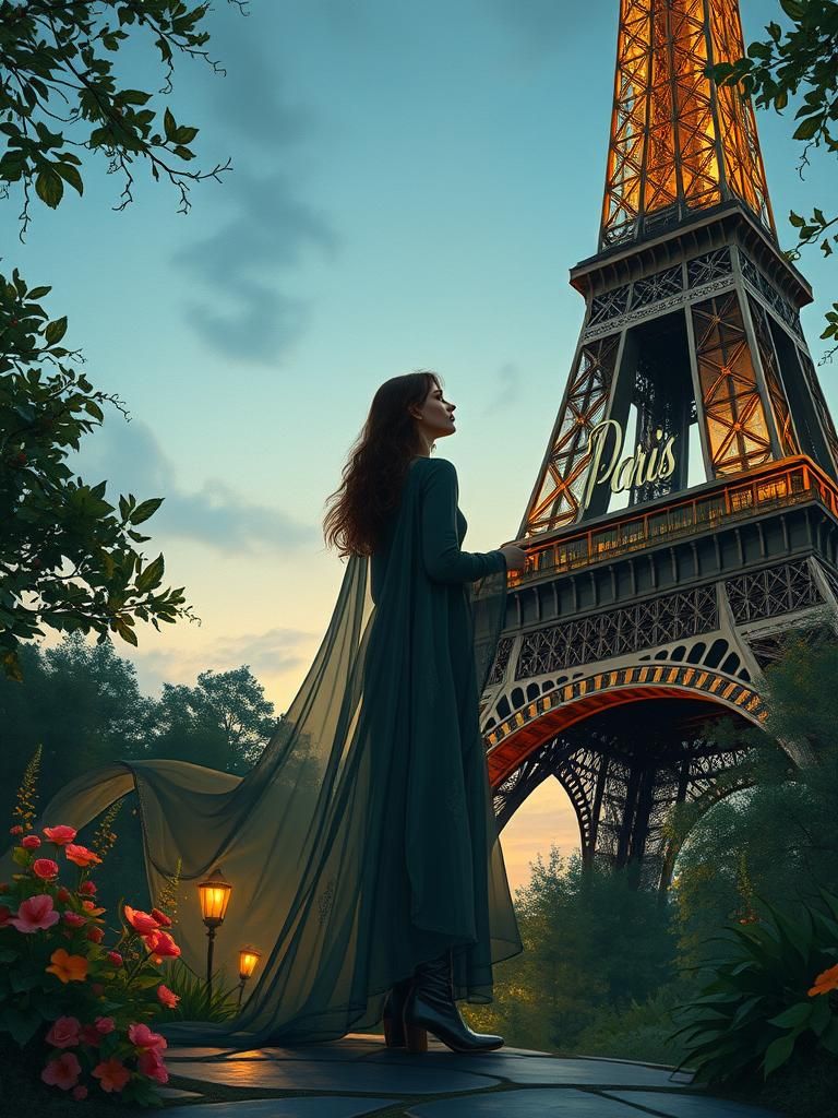 Art Nouveau Woman at Eiffel Tower with Paris Sign