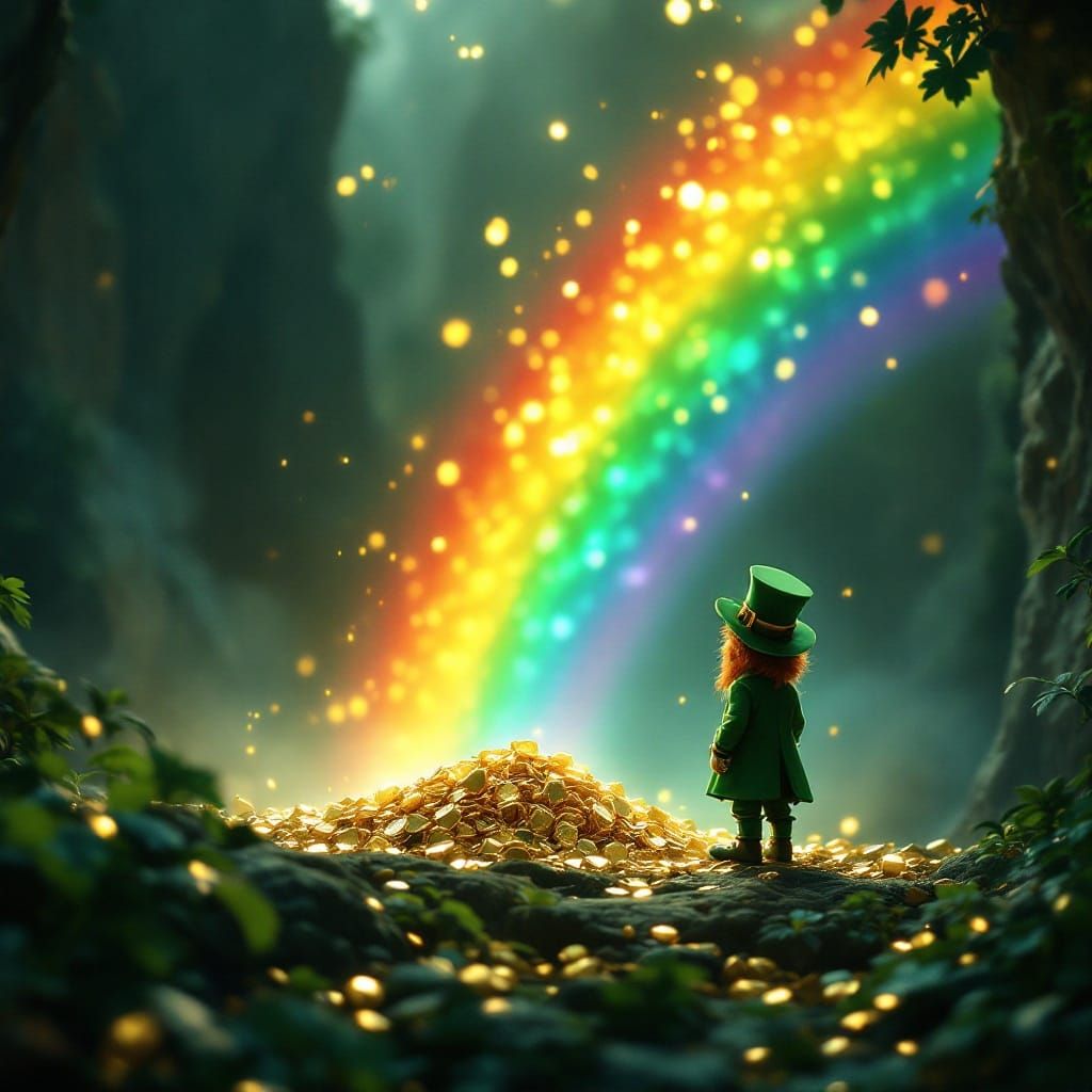 Whimsical Leprechaun Enchants with Treasure at End of Rainbo...