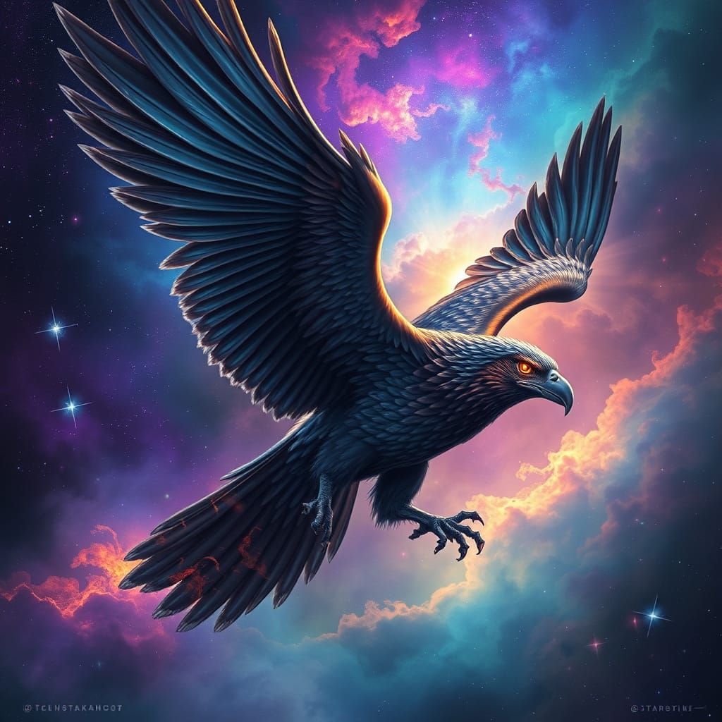 Gryphon Soaring Through Nebula in Detailed Fantasy Art