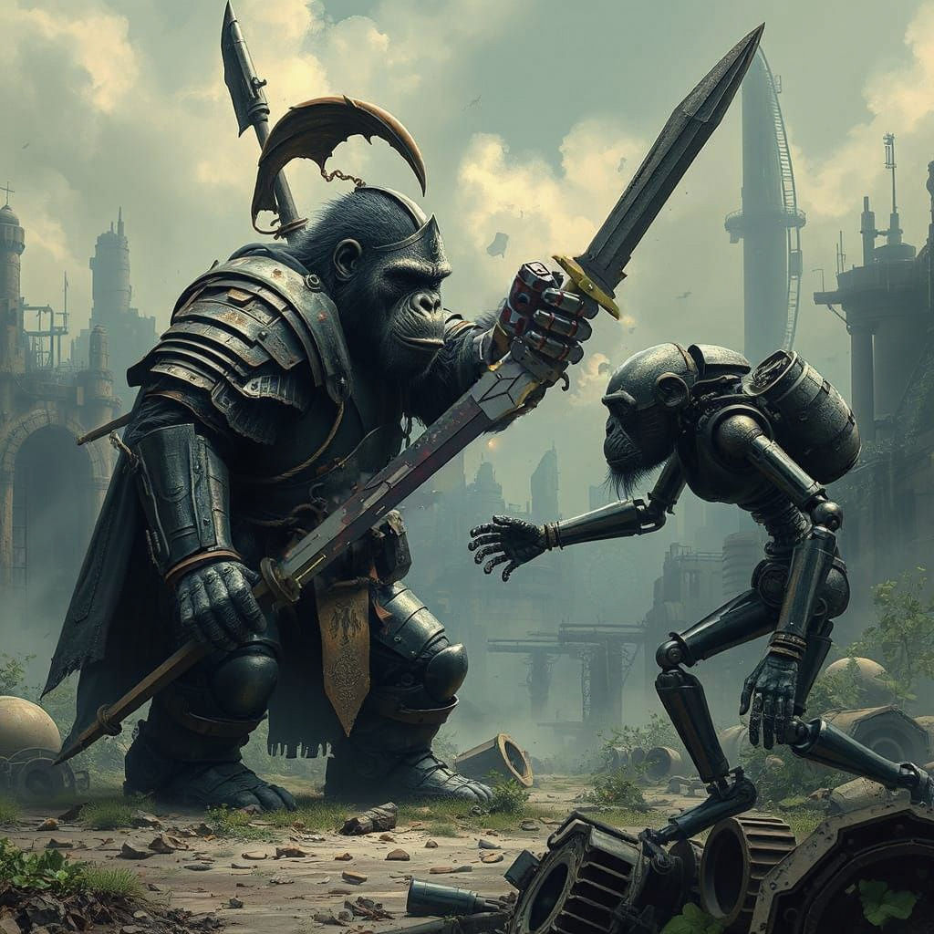 Gorilla Knight Battles Cyborg Chimpanzee in Post-Apocalyptic...