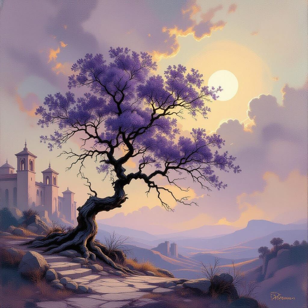 Abstract Landscape Painting: Ancient Tree in Vintage Hues