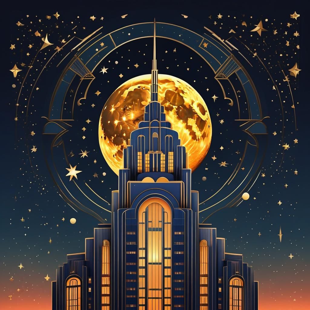 Art Deco Skyscraper at Sunset with Moon and Stars