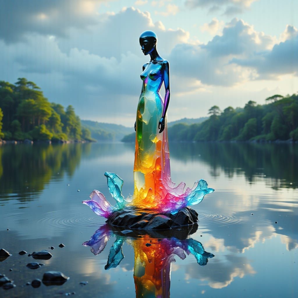 Iridescent Glass Statue on Water in Lake