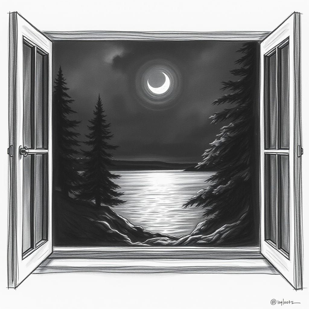 Northern Lake Nocturne in Charcoal Pencil Style