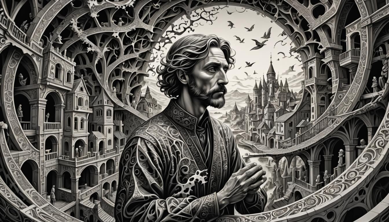 Escher-Inspired Transformation: Fantasy Concept Art