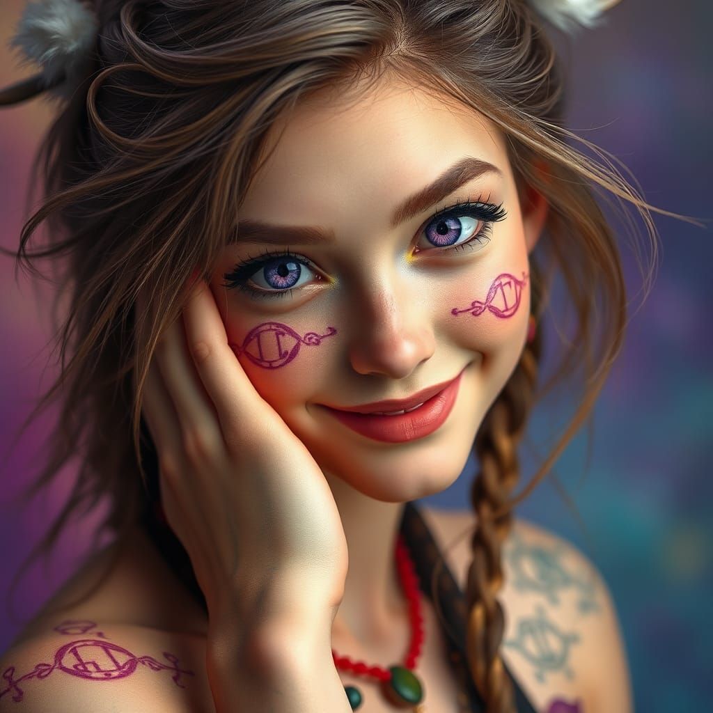 Enchanting Sorceress with Purple Eyes, Hyperrealistic Style