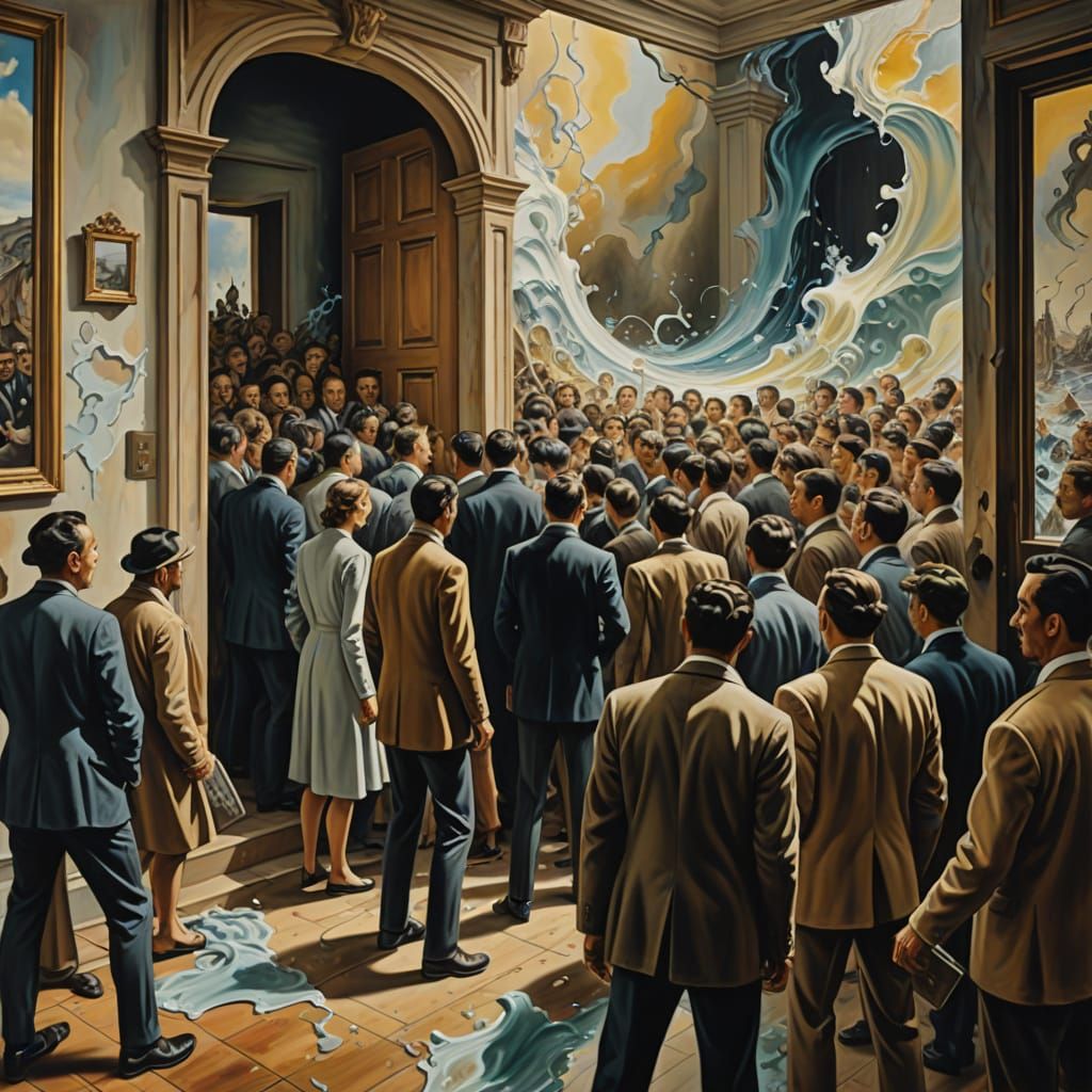 Surreal Exodus: Elongated Figures in Dreamlike Oil Painting