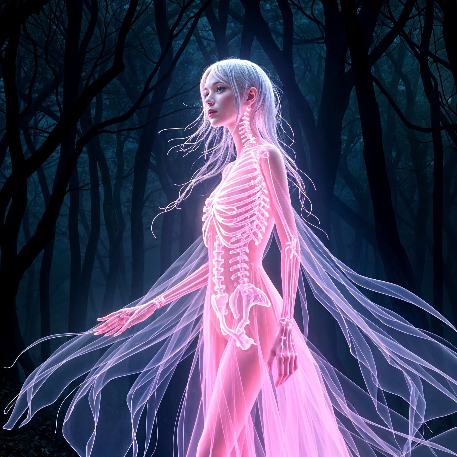 Albino Woman Reveals Glowing Neon Skeleton in Dark Woods at...