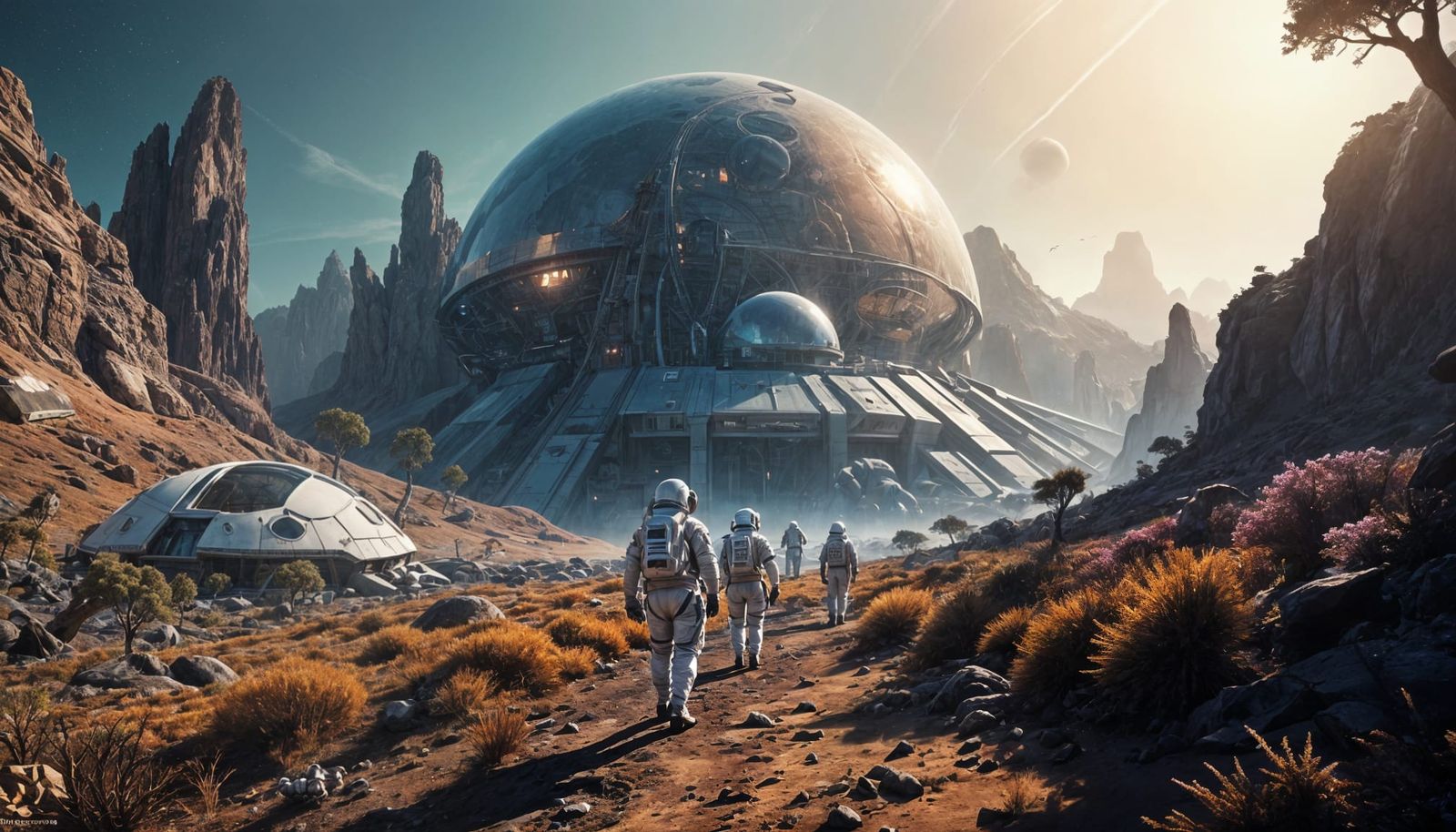 Astronauts in a Futuristic Colony Amidst a Vibrant Alien Lan...