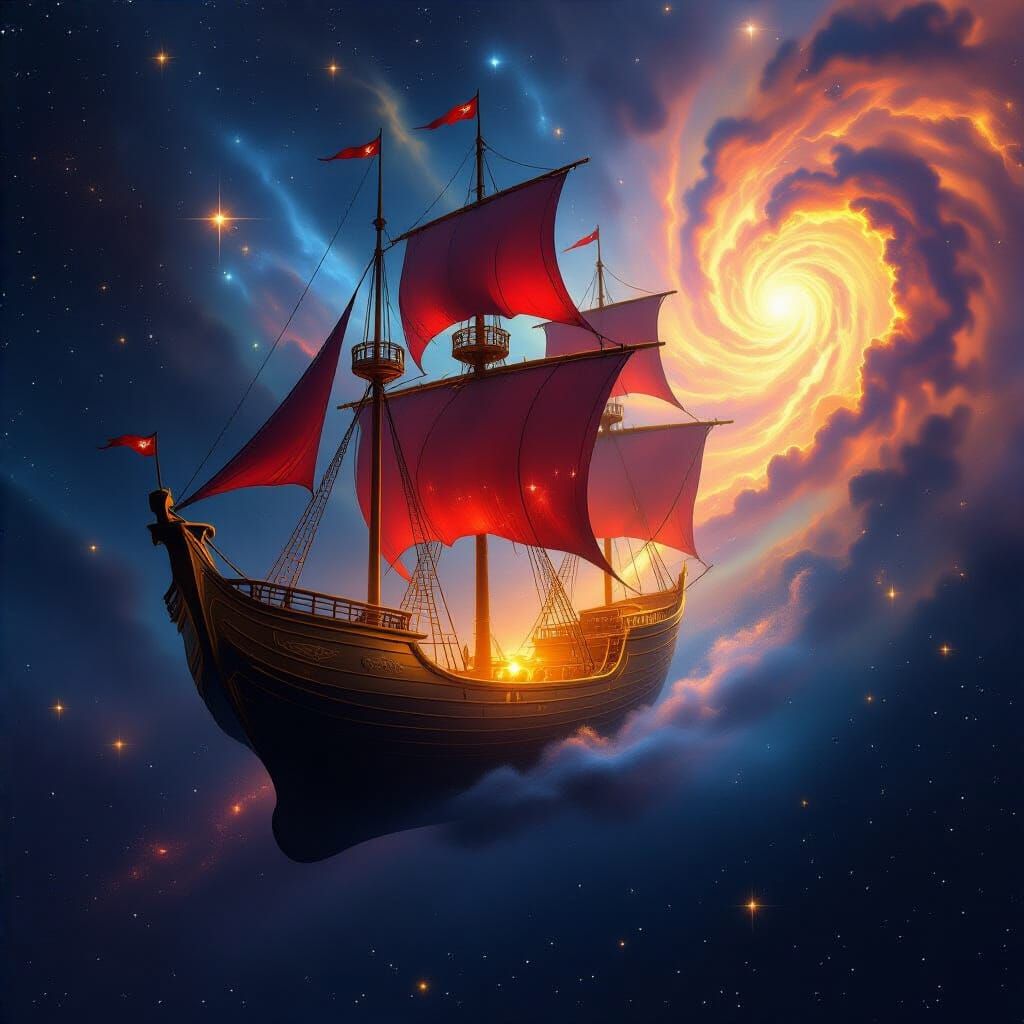 Golden Starship Soars Through Cosmic Constellations