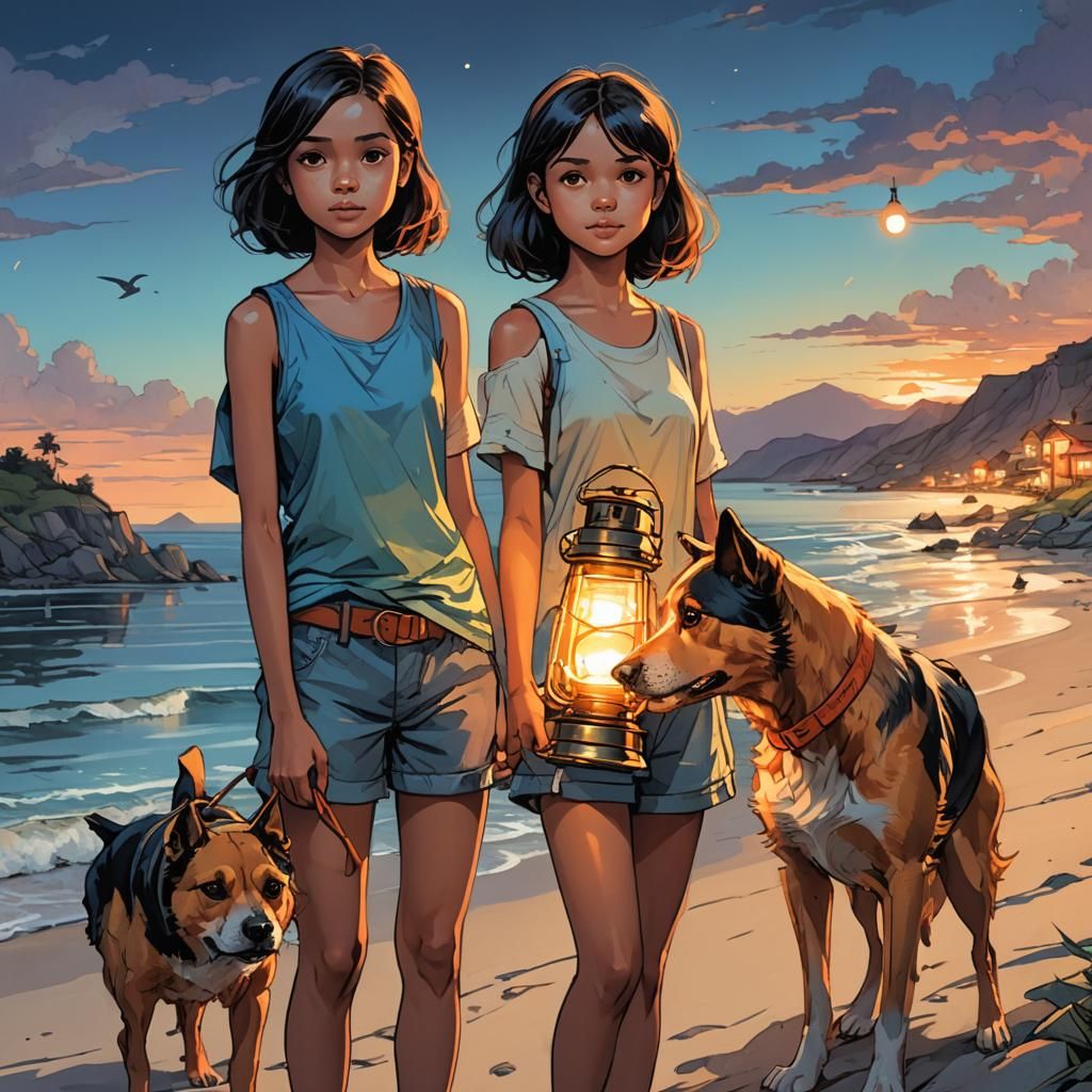 Girl with Dog on Beach at Dusk in Graphic Novel Style