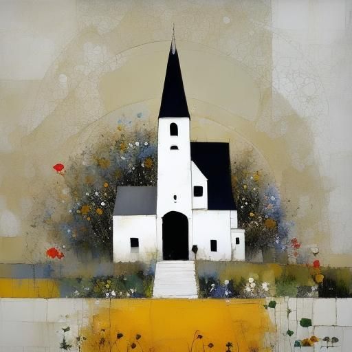 Church in Floral Field: Splatter Art Style