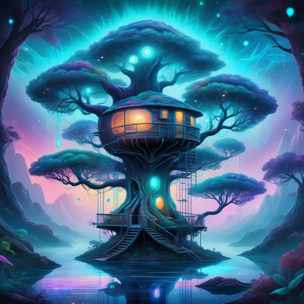 Cosmic Bioluminescent Treehouse Illustration