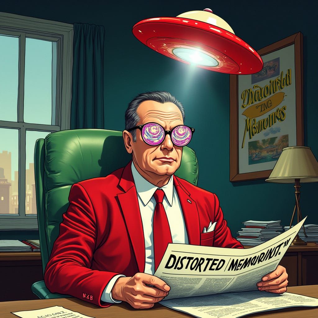 Man in Red Suit Seated in Green Chair with Distorted Vision