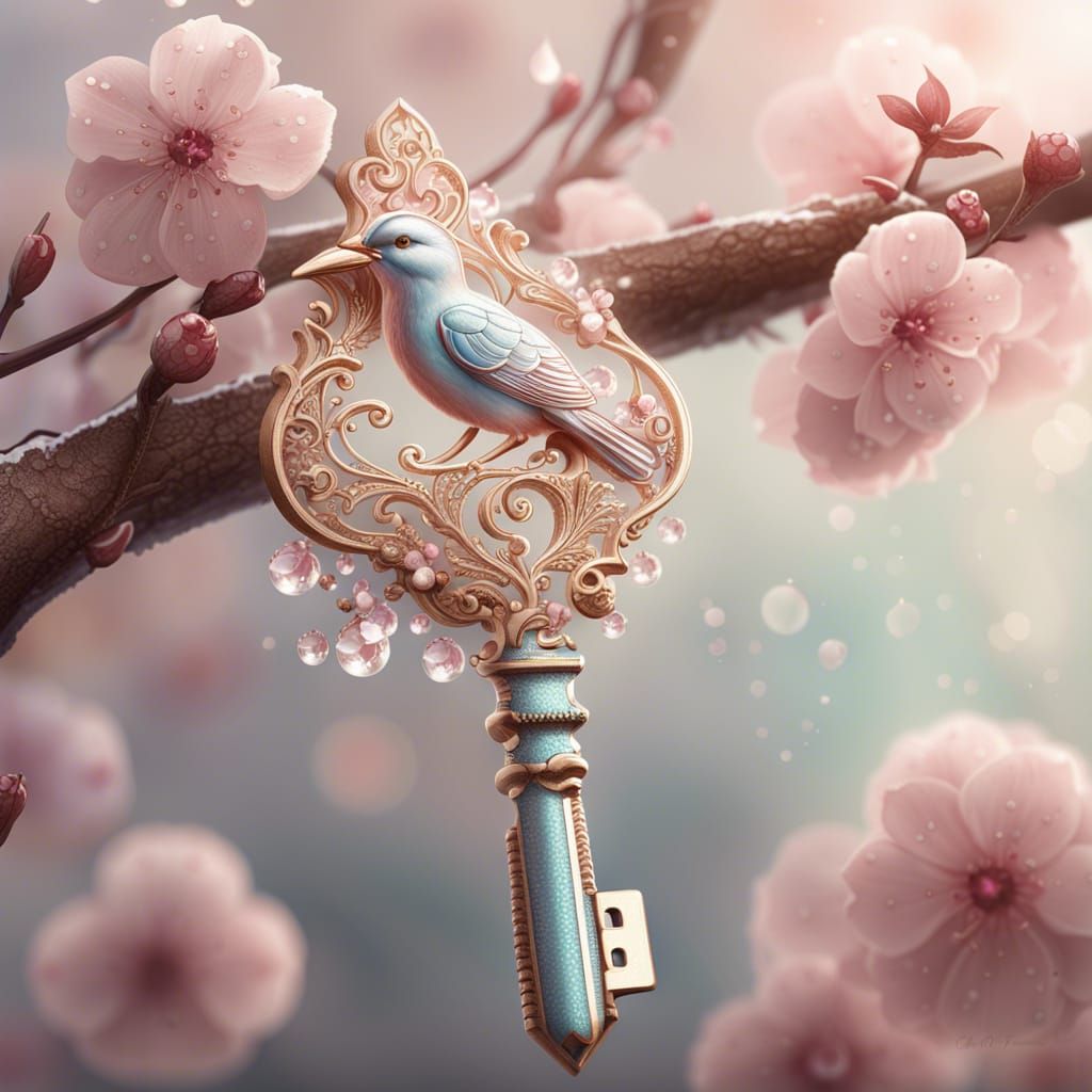 Detailed Key on Cherry Blossoms with Dew Drops