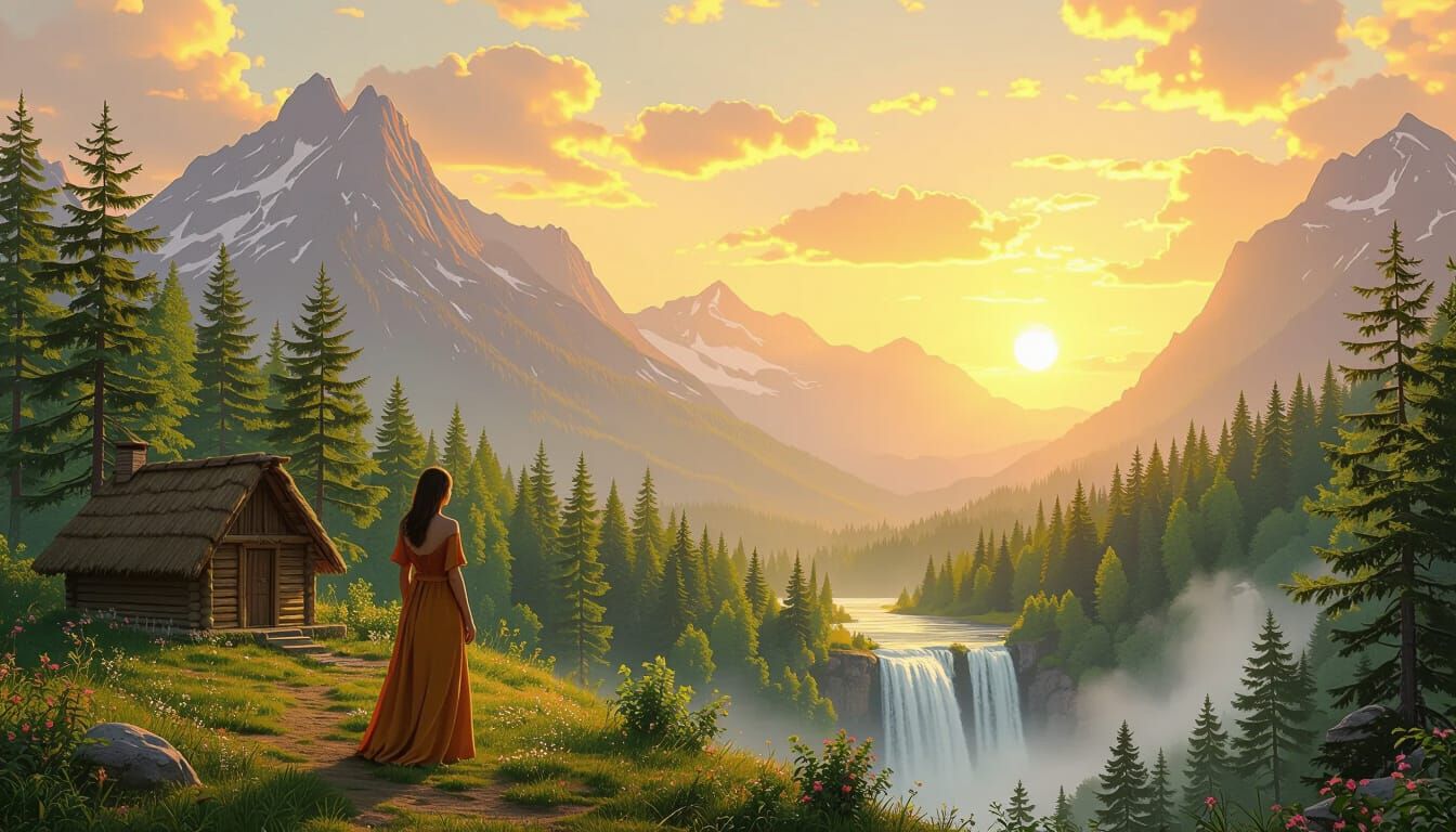Tranquil Forest Sunrise with Waterfall and Mountains