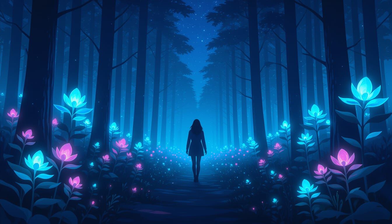 Ethereal Forest with Glowing Plants Under Starlight