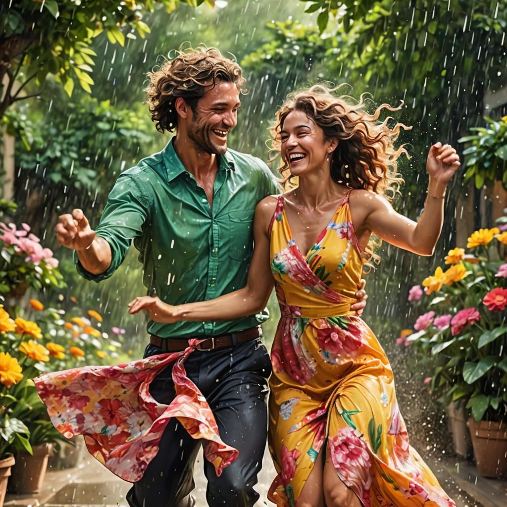 Couple Dancing in Sunny Rain, Expressive Art Style
