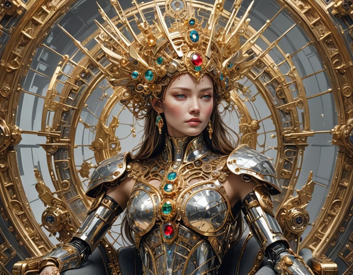 Robotic Woman in Glistening Armor on Throne