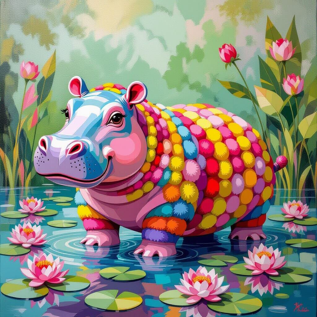 Pom-Pom Hippo in Whimsical Pop Art Style