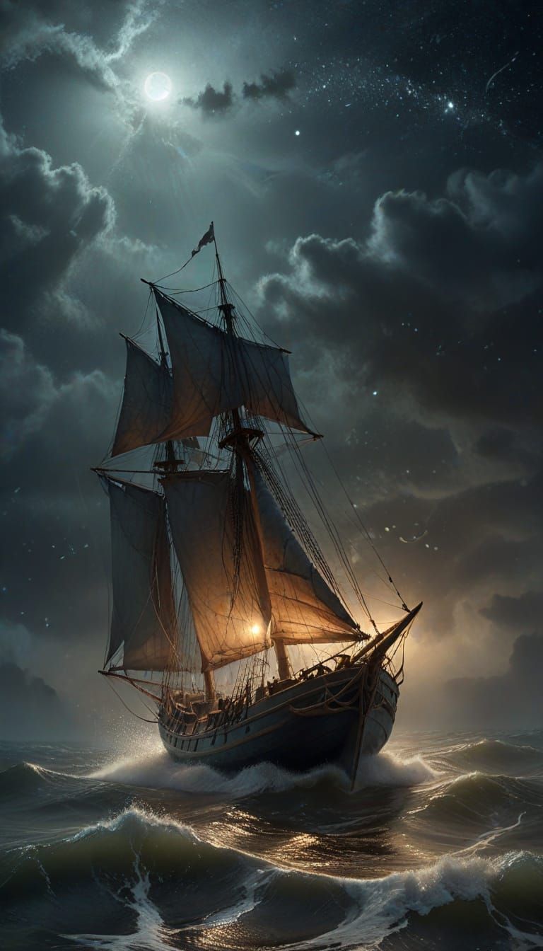 Abandoned Sailboat in Starry Night Ocean