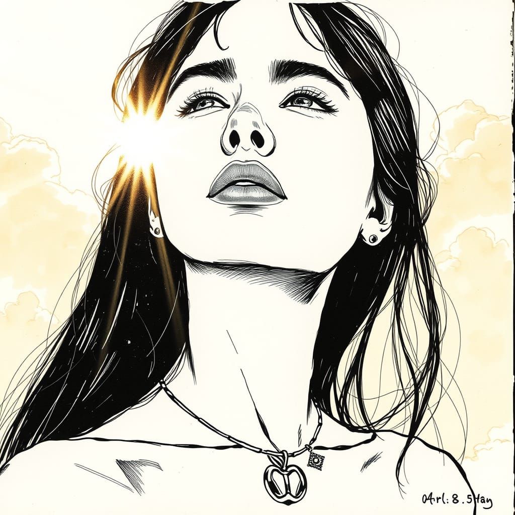 Young Woman in Sensual, Mystical Mood, Ink and Charcoal Styl...