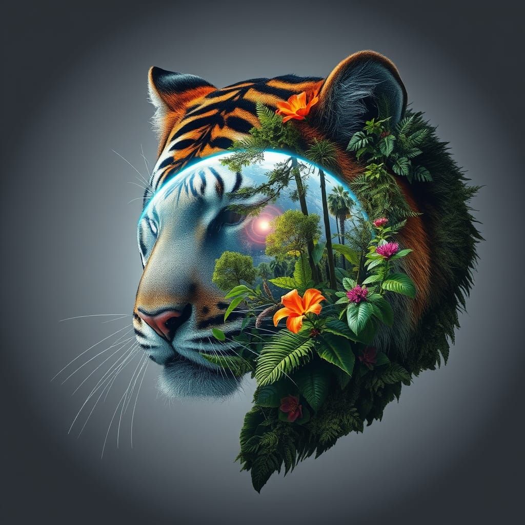 Surreal Tiger with Jungle and Earthrise