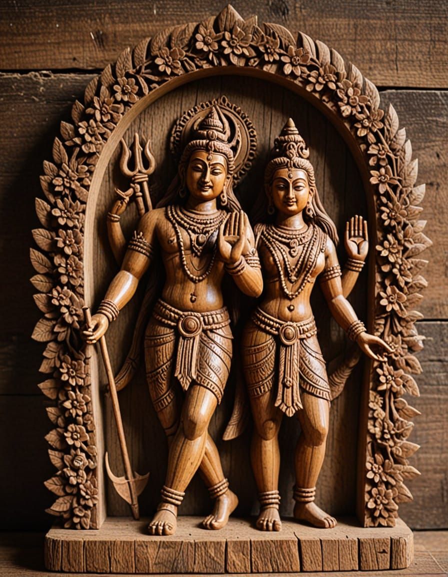 A wooden icon statue of shiva and shakti  decora
ted in flow...