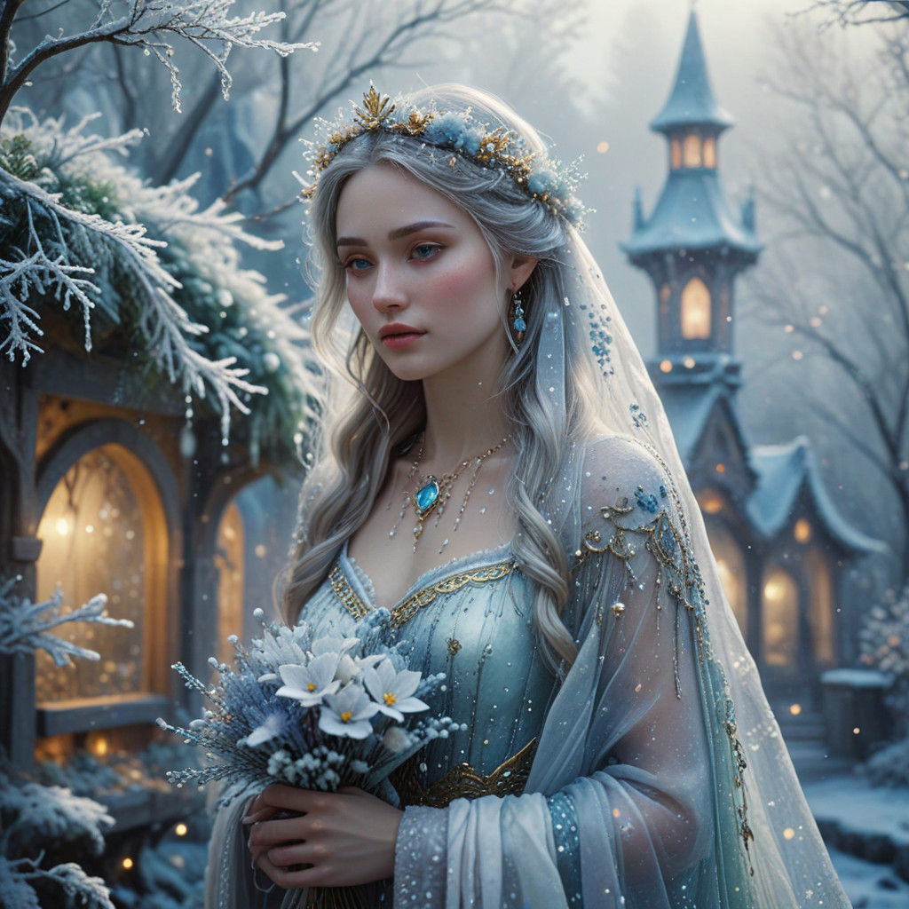 Whimsical Snow Maiden in Ethereal Winter Wonderland